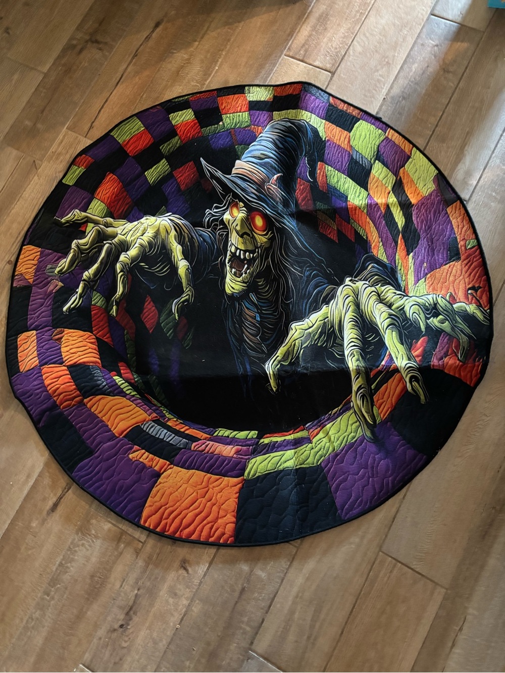 New! Spooky Witch Round Quilted Tree Skirt in Black, Purple, Orange, Lime